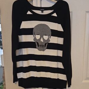 Torrid Black and White Striped Sweater with Gray Skull